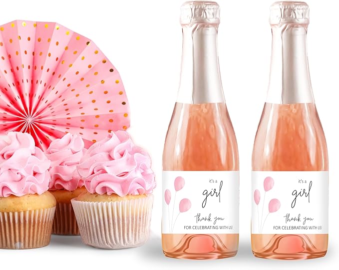 It’s a Girl Mini Champagne Bottle Labels ● SET of 12 ● Pink Baby Shower Mini Champagne Label, About to POP Thank You for Celebrating with us Favors Stickers Gender Reveal WATERPROOF (Balloons)
