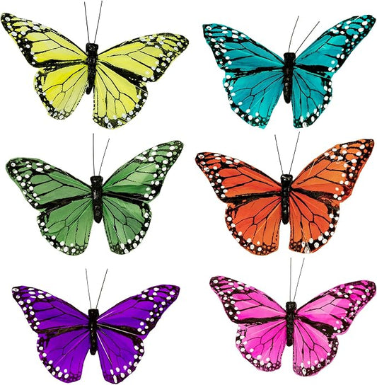 Berfutall- Feather Butterfly Decorations Set of 12 Vibrant Multi Colored Craft Butterflies on Wire .Party Spring Home Decor Floral Pics
