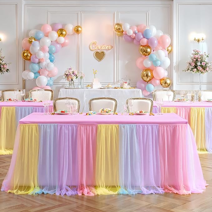 2 Pack Rainbow Tablecloths with Tulle Table Skirt for 6 Foot Tables | Rectangle Tables, Party Ruffle Tutu Table Skirt, Stretch Fitted Covers, Wedding Reception Birthday Baby Shower