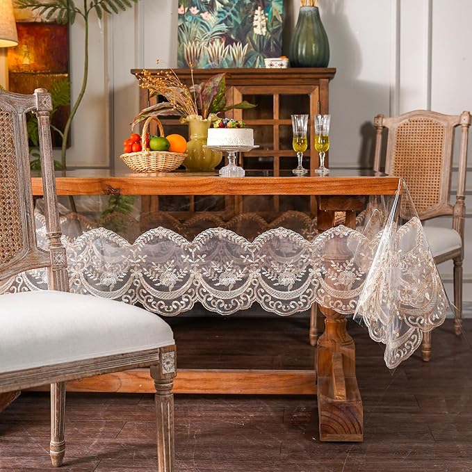 ARTABLE Vinyl PVC Rectangle Tablecloth Waterproof Clear Table Cover with Champagne Lace Macrame Border for Wedding Kitchen Home Outdoor Indoor Holidays Party Decor (Champagne-1, 60 x 104 Inch)