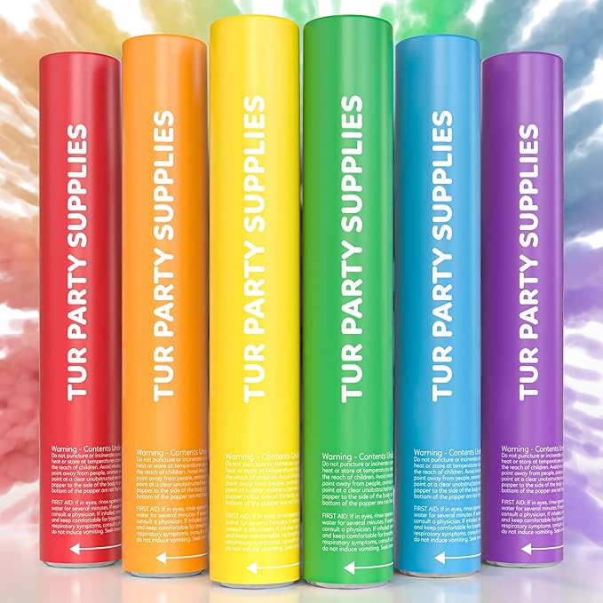 Rainbow Powder Cannons Smoke Bombs Biodegradable Poppers | Assorted 6 Pack | Launch 25 ft | 12 inch | Decorations For Photoshoots, Gender Reveal, Celebrations, Festivals, Parties | TUR Party Supplies