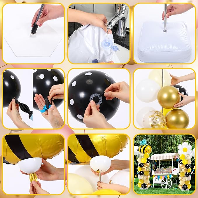 Kasyat 2 Sets Bee Theme Party Balloon Column Stand Kit with Bee Daisy Foil and 100 Latex Balloons, Adjustable Honeybee Balloon Stand Kit for Baby Shower Birthday Party Supplies