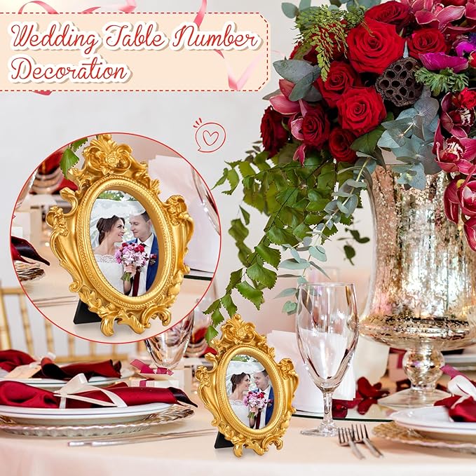Maitys 60 Pcs Mini Picture Vintage Frames with Stands Tiny Antique Photo Baroque Ornate Resin Oval Frame Table Top Display Home Wedding Decor (Gold)