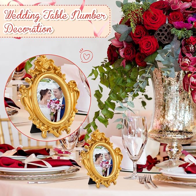 Maitys 30 Pcs Mini Picture Vintage Frames with Stands Tiny Antique Photo Baroque Ornate Resin Oval Frame Table Top Display Home Wedding Decor (Gold)