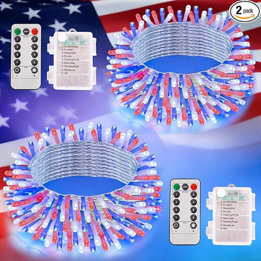 QITONG 2 Pack Red White and Blue Battery Operated Lights, Each 33ft 100 LED 4th of July String Lights Outdoor, Clear Wire Twinkle Light with Remote for Patriotic Independence Memorial Day Decor