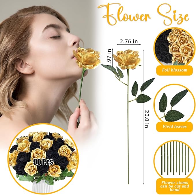 90PCS Black Gold Rose Artificial Flowers, Faux Silk Roses, Realistic Roses Bouquet for Anniversary, Baby Shower, Birthday, Graduation, Table Centerpieces, New Year's, Valentine's Day Decorations
