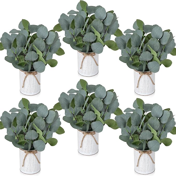 Eucalyptus Table Centerpieces - Set of 6 Artificial Greenery Plants with Farmhouse Metal Vase for Home Kitchen Decorations