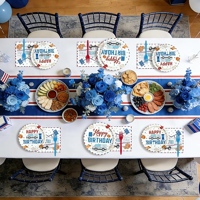 96 Pcs Mailman Party Supplies Red Blue Mail Happy Birthday Plates and Napkins Disposable Mail Truck Mailbox Tableware Set for Postal Worker Birthday Party Decorations Serves 24