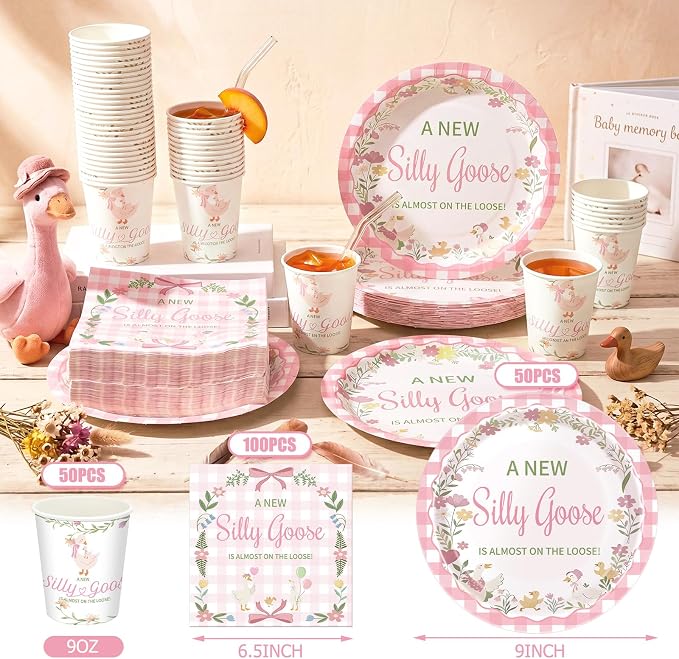 Hushee 200 Pcs a New Silly Goose Baby Shower Paper Plates Cups Napkins Funny Goose Birthday Party Favors Set Serves 50 Guests Disposable Pink Tableware Set for Gender Reveal Party Supplies