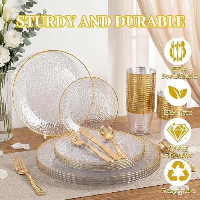 175PCS Clear Plastic Plates for 25 Guests, Disposable Plates for Party, Heavy Duty Disposable Plate Set Include: 25 Dinner Plates, 25 Dessert Plates, 25 Cups and Cutlery for Wedding & Party