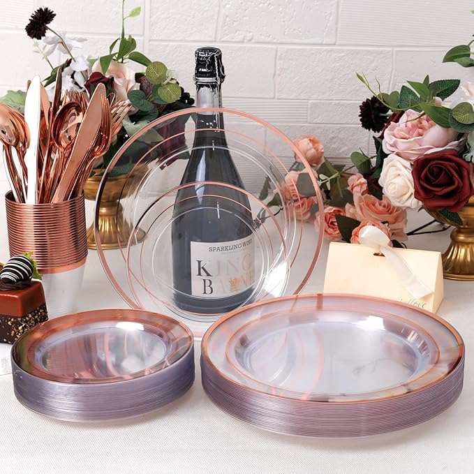 bUCLA 600PCS Clear Rose Gold Plastic Dinnerware Set Disposable - Include 100 Dinner Plates, 100 Dessert Plates, 100 Knives, 100 Forks, 100 Spoons, 100 Cups for Party, Wedding & Mother's Day