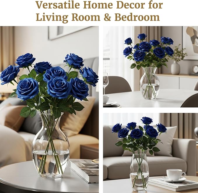 Auihiay 60PCS Fake Blue Roses, Artificial Blue Flowers, Silk Faux Rose with Long Stems for Wedding Centerpieces, Cake, DIY Floral Arrangement, Home Decor, Anniversary, Father's Day Decorations