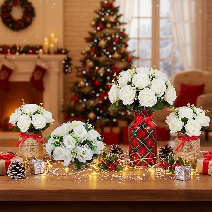 LoveCat Artificial Flower Centerpieces for Tables: 6pcs of Rose Flower Balls, Flower Kissing Balls, Fake 15-Head Plastic Flower Roses with Base for Birthday Party Christmas Home Wedding Decor (White)
