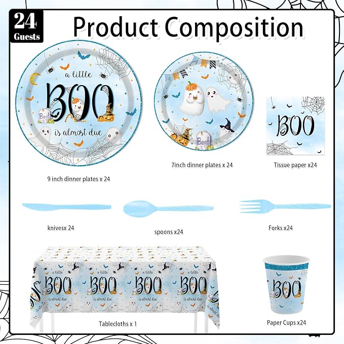 MEHOFOND Halloween Little Boo Baby Shower Decorations for Boy, A Little Boo is Almost Due Party Supplies Blue Disposable Tableware Set 169Pcs Plates Napkins Plastic Tablecloth for Baby Shower Party