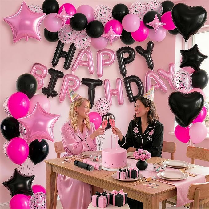 Pink and Black Birthday Decorations for Girls Women Hot Light Baby Pink Black Balloons Confetti Party Balloon Happy Birthday Banner Heart Balloons 18/10 Inch Star Balloon for Bday Party Supplies
