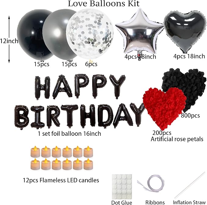 Romantic Birthday Decorations for Men with Black Silver Balloons, Happy Birthday Banner, Tea Lights and Rose Petals, Birthday Decorations for Boyfriend Husband Anniversary Surprise Room Decor (73PCS)