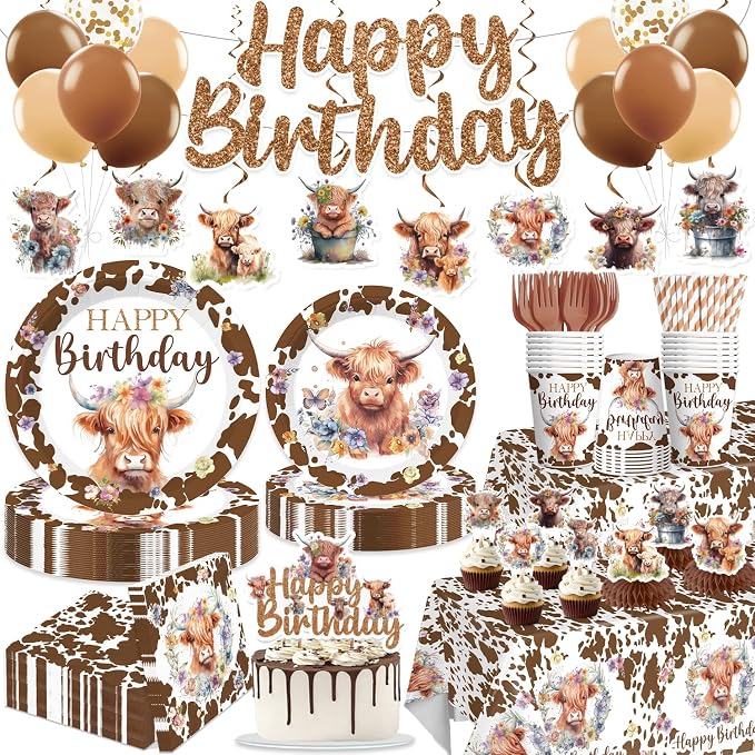 197pcs Brown Cow Birthday Decorations Include Tableware Set, Banner, Hanging, Tablecloth, Balloon, Cupcake Topper, Centerpiece, for Western Farm Animals Kids Birthday Baby Shower, Serves 25