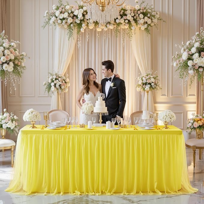 HB HBB MAGIC Yellow Table Cloth Spandex Table Covers 8ft Fitted Tulle Tablecloth Rectangular Desk Skirt Stretch Table Cloths Covers Party Banquet Birthday Baby Shower Wedding Table Cloth, 2 Pack