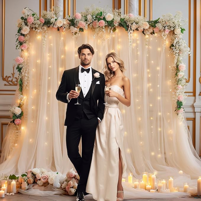30x8ft Champagne Tulle Backdrop Curtain with Lights String for Parites, Sheer Backdrop Curtains for Wedding Baby Shower Birthday Party Photo Shoot Decorations