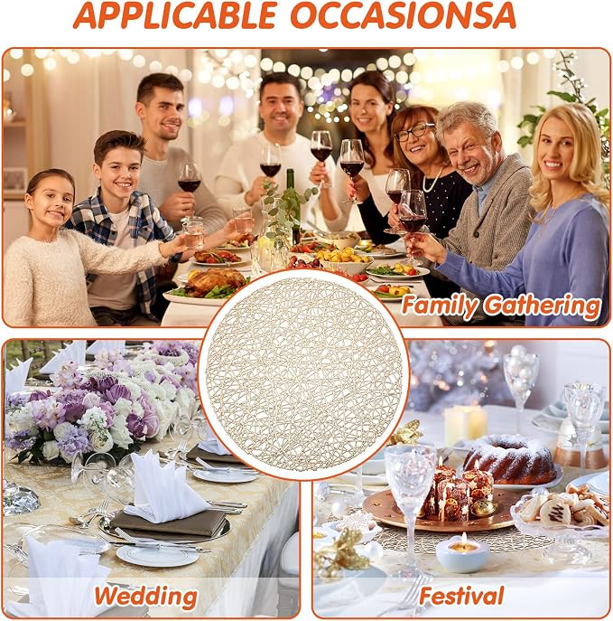 Sieral 24 Packs Gold Round Placemats 15 Inch Hollow Out Pressed Vinyl Place Mats Heat Resistant Woven Gold Placemats for Christmas Dinner Table Winter Holiday Party Wedding Centerpiece Decoration