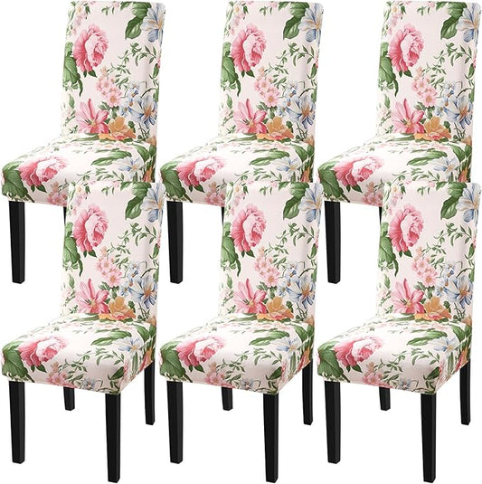 Fuloon Chair Covers for Dining Room 6 Pack, Printed Stretch Dining Slipcovers, Washable Kitchen Slip Covers for Parson Chair, Flowers Blossoms Printed, Set of 6