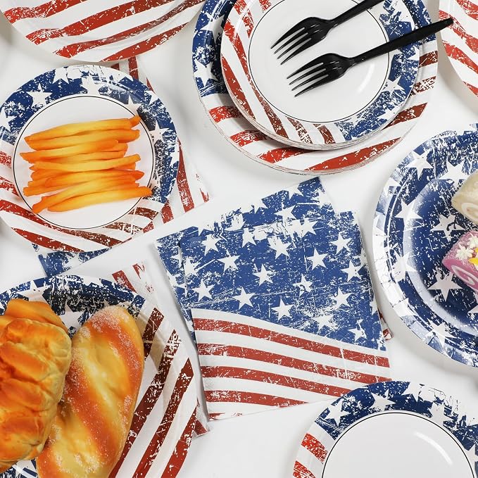 50 Guests 4th of July Paper Plates Napkins Forks American Flag Tableware Set Patriotic Birthday Party Supplies Independence Day Dinnerware Favors 250th Anniversary Party Decorations, 200PCS