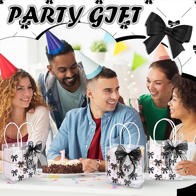 Whaline 12 Pcs Bow Coquette Clear PVC Gift Bags Black Bowknot Daisy Flower Party Favor Bags with Handle Treat Tote Bag with Ribbon for Wedding Birthday Bachelorette