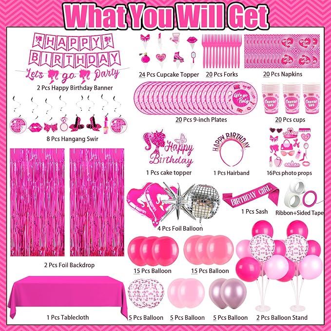 Hot Pink Birthday Party Decorations Supplies 187Pcs Serve 20 Guests, All In One Party Kit with Tableware, Decorations, Cake Topper, Photo Props for little Girls, Girls & Women Birthday Party