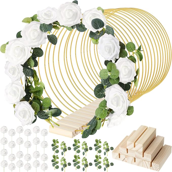 15 Pcs Metal Floral Centerpiece Table Decorations Hoop Centerpiece with Stand Gold Centerpieces for Table 15 Wooden Holders 30 Artificial Flowers 30 Leaves for Wedding DIY Craft Decor(14 Inch,White)