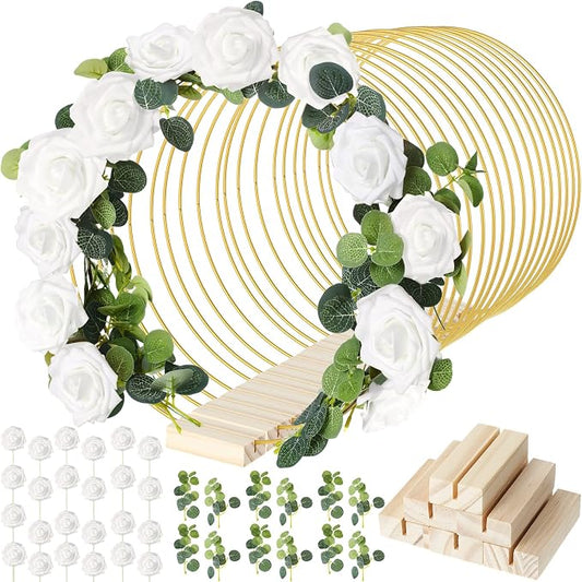 15 Pcs Metal Floral Centerpiece Table Decorations Hoop Centerpiece with Stand Gold Centerpieces for Table 15 Wooden Holders 30 Artificial Flowers 30 Leaves for Wedding DIY Craft Decor(14 Inch,White)