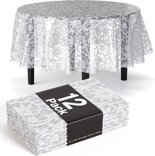 Exquisite Lace Table Cloth Round Table Plastic 12-Pack Lace Tablecloth 84 | White Floral Tablecloth Disposable | Wild Flower Party Decorations & Party Supplies