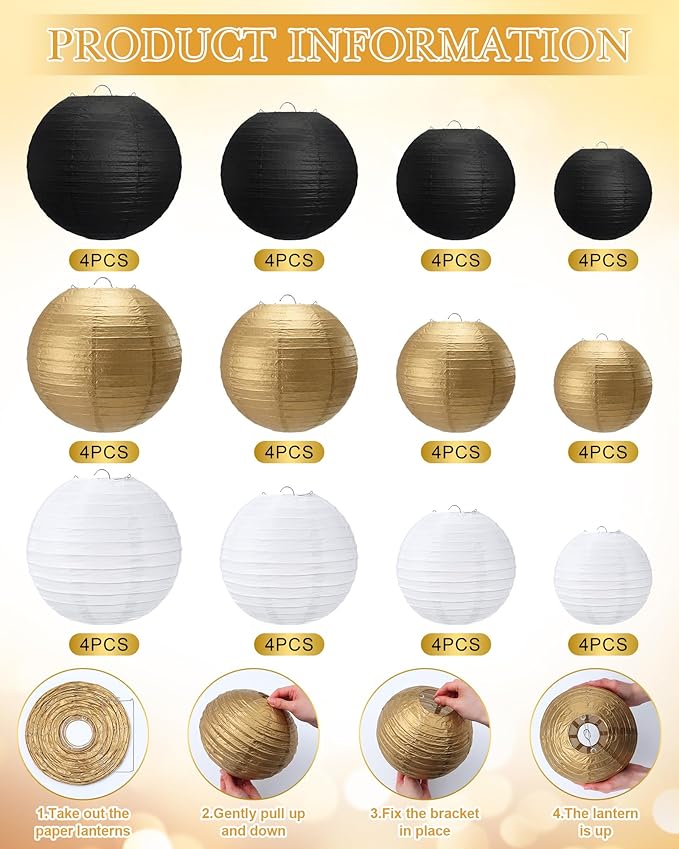 Treela 48 Pcs Paper Lanterns Party Decorations Chinese Round Paper Decor 4/6/8/10 Inch Asian Hanging Lamps Decorative for Graduate Wedding Birthday Party Bridal Parties Supplies(Gold,Black)