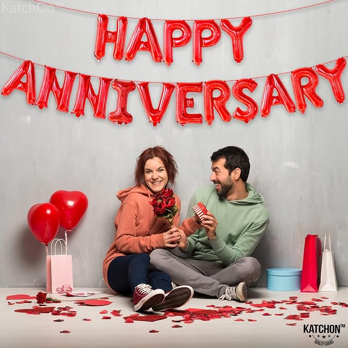 KatchOn, Red Happy Anniversary Balloons Letters - 16 Inch | Happy Anniversary Banner for Happy Anniversary Decorations | 000 Pcs Artificial Red Rose Petals - Silk