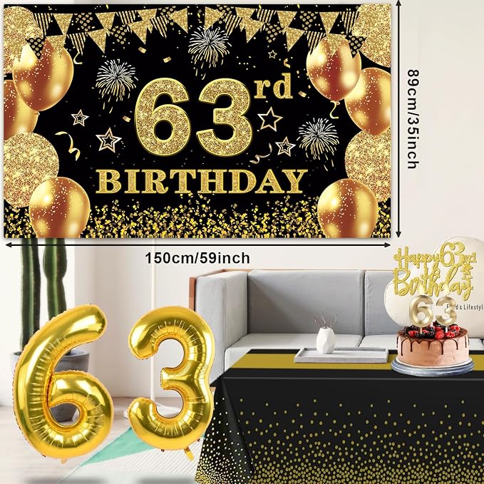 63rd Birthday Decorations Men Women with 63rd Birthday Banner, Black and Gold Table Cloth, Number Balloons, Large Sash, Cake Topper and Candles