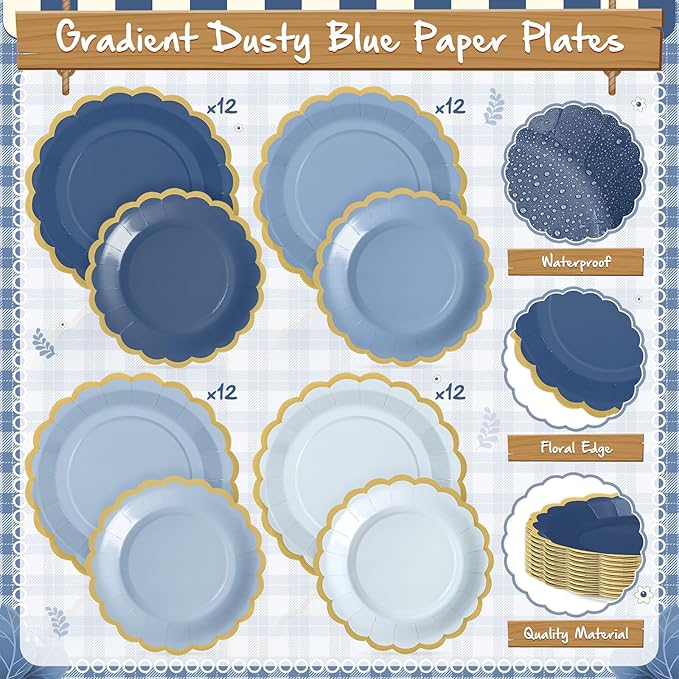Mimorou 338 Pcs Dusty Blue Plates and Napkins Party Supplies for Guests Blue Tableware Include Scalloped Plates Paper Napkin Cup Spoon Fork Knife for Baby Shower, Wedding, Birthday