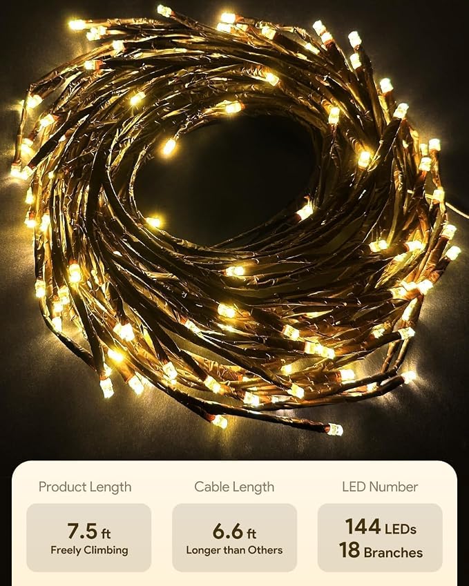 NIDISETPJAS Cherry Blossom Lights with Remote, 7.5 Ft 144 Flowers Enchanted Willow Vine Lights, 18 Branches 144 LEDs Lighted Willow Vine Tree Lights for Walls Bedroom Home Room Decor, Brown Branch