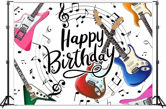Guitar Happy Birthday Backdrop Music Themed Rock and Roll Musical Note Symbol Bday Party for Kids Photography Background Decoration Colorful Modern Cool Fabric Photo Shoot Studio Props 7Wx5H