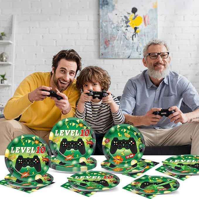 96Pcs 10th Birthday Video Game Party Decorations Green 10th Plates and Napkins Tableware Set Level 10 Dinnerware Party Supplies for Boys Gamer Gaming 10 Year Old Birthday Favors Serves 24 Guests