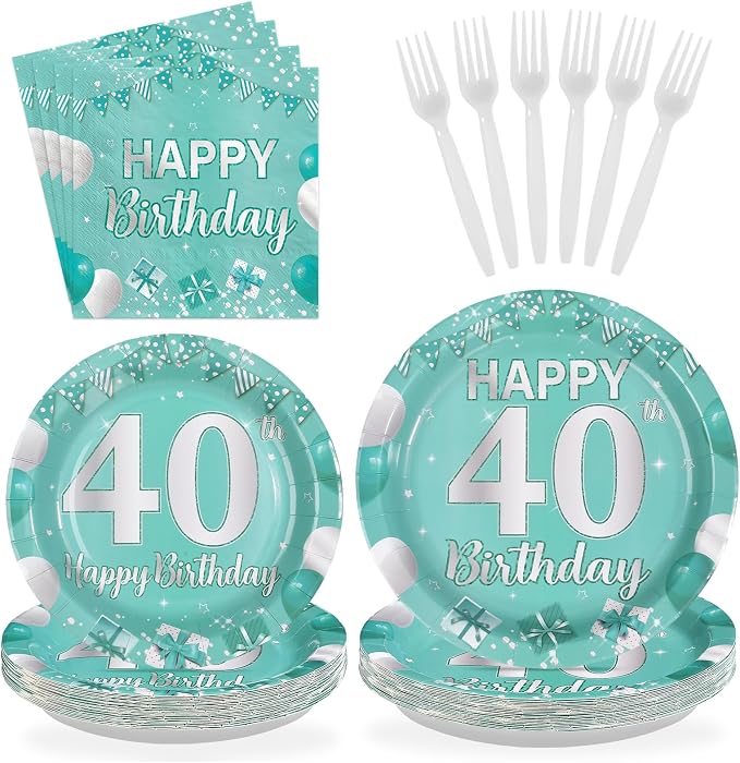 96Pcs Teal 40th Birthday Party Decorations Teal and Silver Plates and Napkins Tableware Sets Forty Party Decorations for Women 40 Years old Birthday Supplies Serves 24