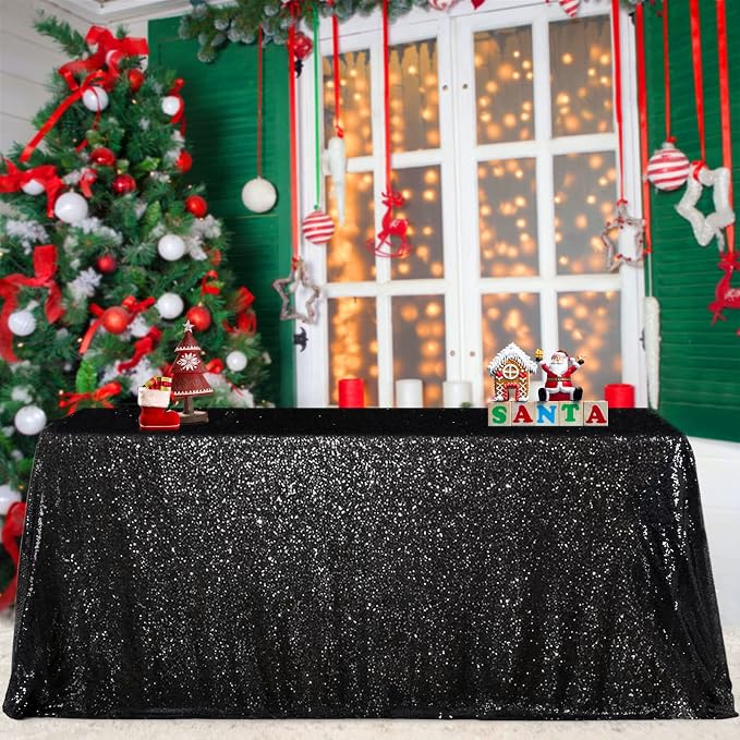 B-COOL Seamless Sequin Table Cloth Black Glitter Design Table Cloth Wedding Overlay Birthday Party Tables Decoration Fabric 90x132-inch (Black)