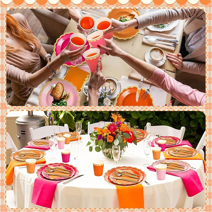 Mimorou 338 Pcs Pink and Orange Plates and Napkins Party Supplies for Guests Hot Pink Orange Tableware Include Scalloped Plates Paper Napkin Cup Spoon Fork Knife for Baby Shower, Wedding, Birthday