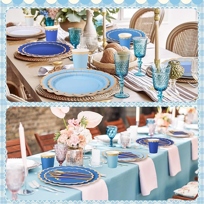 Mimorou 169 Pcs Royal Blue and Gold Party Supplies for 24 Guests, Gradient Blue Scalloped Paper Plates Napkins Cups Gold Cutlery for Ocean Sea Graduation Baby Shower Birthday Wedding Party Decorations