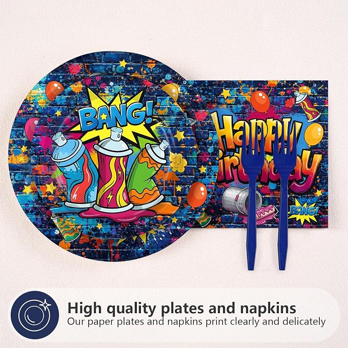 96 Pcs Graffiti Birthday Party Supplies Hip Hop Retro Graffiti Plates and Napkins Colorful Paint Splatter Tableware Set for Boys Girls Birthday Retro Paint Party Supplies, Serves 24