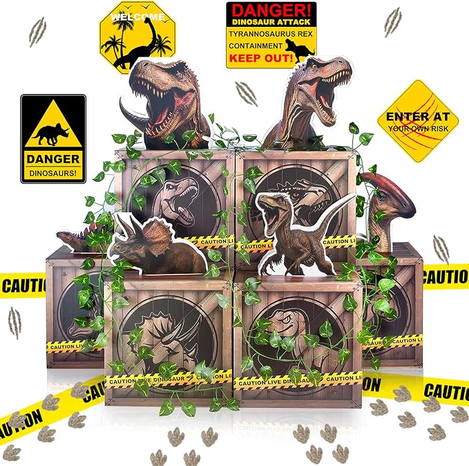 Dinosaur Party Decorations Set – 6 Dino Boxes with 3D Toppers, 4 Signs, 2 Vines, Caution Tape & 40 Footprint Stickers – Dino Birthday Supplies, Baby Shower & Jurassic Room Decor
