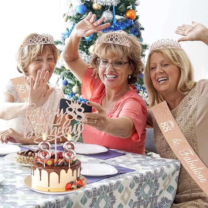 88th Birthday Decorations for Women, Including 88th Birthday Sash and Tiara, Cake Topper and Candles, Number Balloons, 88 Year Old Gifts for Women