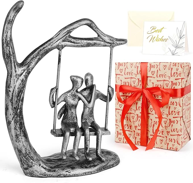 Kresecioo Anniversary Wedding Gifts for Couple/Her - Romantic Couple Statue in Love, Antique Silver Metal Figurine Sweet Loving Together Iron Sculpture Decor, Birthday Gifts for Wife Husband