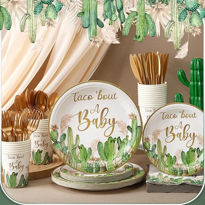 350 Pcs Taco' Bout A Baby Party Decorations Cactus Taco Pampas Grass Baby Shower Party Tableware Set Disposable Plates Cups Napkins Cutlery for Birthday Baby Shower Wizard Party, Serve 50