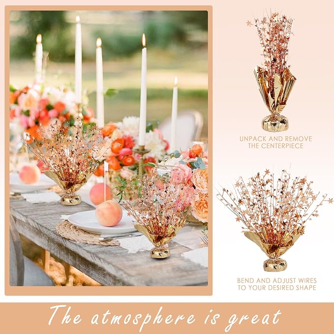8 Pack Metallic Star Spray Centerpieces for Tables - Bulk 12.4" Foil Fountain Table Decorations for Large Events, Graduation 2026, Wedding Reception (Rose Gold)