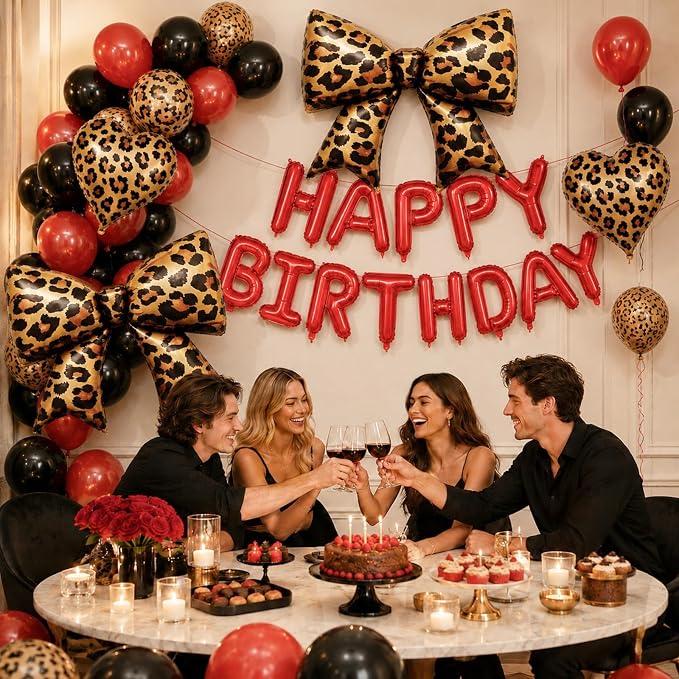 Red and Black Cheetah Print Birthday Decorations Black Dark Red Leopard Print Latex Balloons 16 18 32 In Happy Birthday Foil Balloon Banner Bow Heart Balloons for Girls Women Bday Party Decor