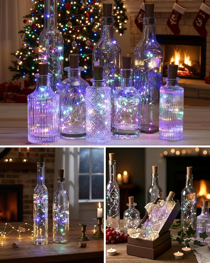 Hortsun 80 Pack Wine Bottle LED Lights with Cork Fairy Mini String Lights Battery Operated Mini Waterproof 7 ft Silver Wire 20 LED Cork Shape for Valentines, DIY, Party, Decor, Wedding (Multicolor)